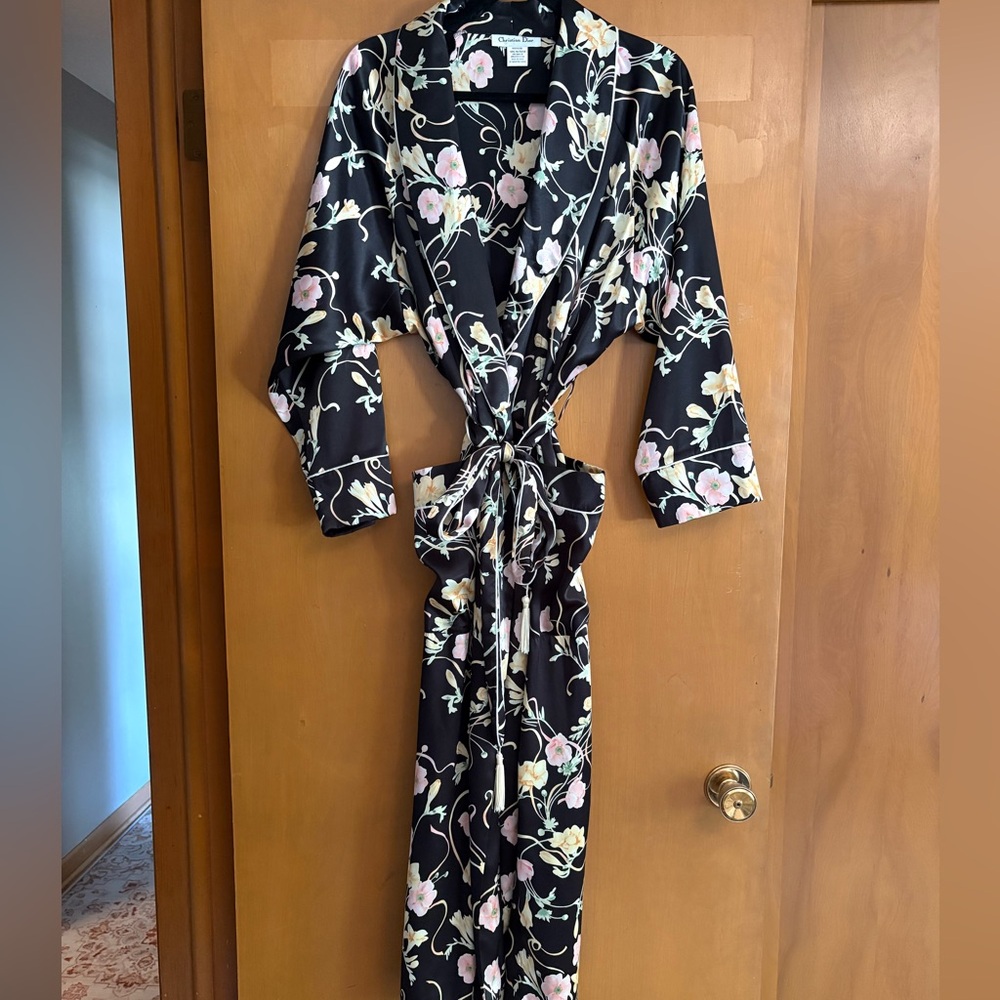 NEW Christian Dior Black Floral Satin Robe tassel belt Size L